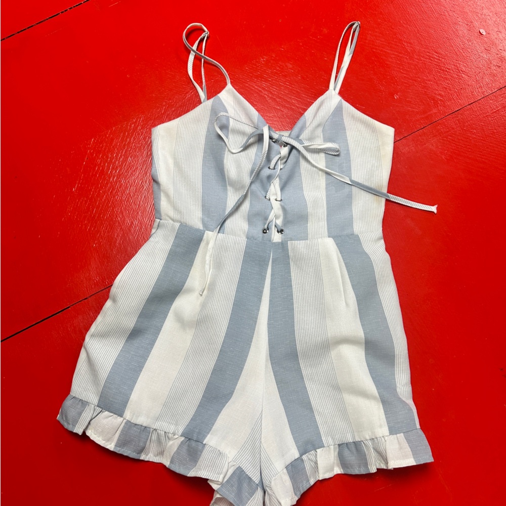 L’ATISSTE BLUE AND WHITE STRIPED RUFFLE SLEEVELESS SPAGHETTI ADJUSTABLE …